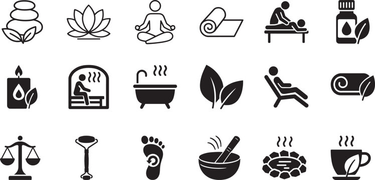 Spa and wellness line icon set with relaxation, beauty, and health symbols in clean vector style.q