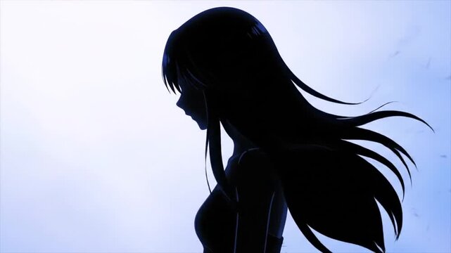 Anime style woman with long hair blowing in the wind in profile view