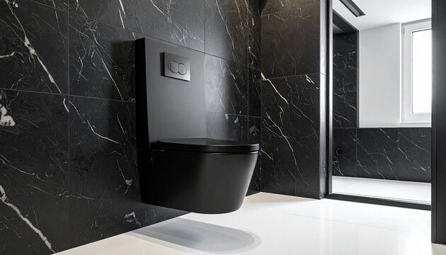 A matte black, wall-hung toilet with a dual flush plate is mounted on a dark marble wall. The floor is white, and a window is visible.