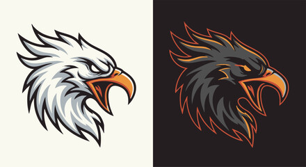 Obraz premium Two stylized eagle head mascots, one white and one dark, with fierce expressions and open beaks, suitable for sports teams or logos.