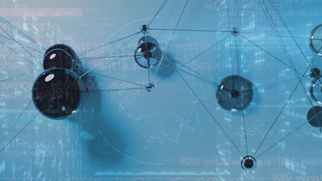 Animation of network of connections over drone with parcel over airport
