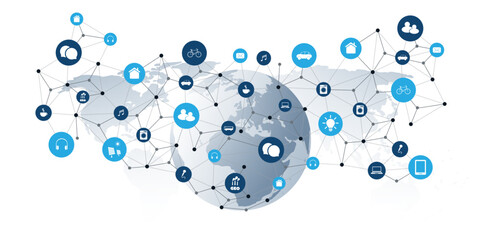 A vector graphic illustrating IoT and global connectivity. A world map is overlaid with a network of nodes and icons representing smart devices and services, suggesting an interconnected digital world