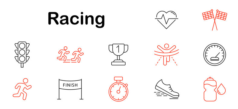 Racing set icon. Finish, trophy, stopwatch, track, runner, shoe, flag, heart rate, bottle, winner, speed, competition, training, motion, fitness.