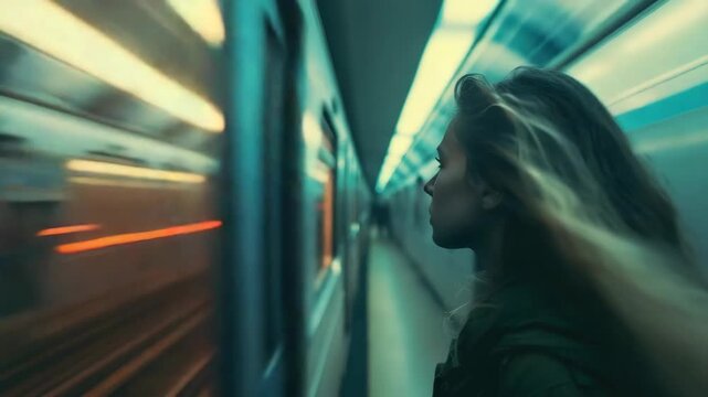 A young woman with long hair looks intently ahead as a train passes behind her in a modern subway station. Her focused gaze suggests she's on a mission or about to embark on an important journey.
