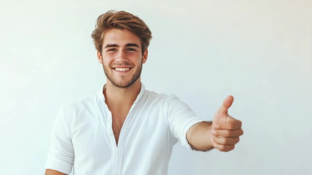 A young man is smiling and giving a thumbs up gesture. He has light brown hair and appears cheerful in his expression.