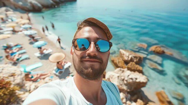 Man in sunglasses with blue ocean background smiling at camera.