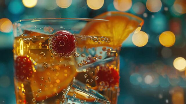 Stylish cocktail drink served in a glass with fruit garnishes floating on top and bubbles of fizz, set against a dark background adorned with glowing lights.