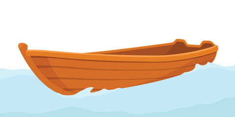 Wooden paddle boat. Cartoon boat. Boat floating on water with waves. Sea, river or lake