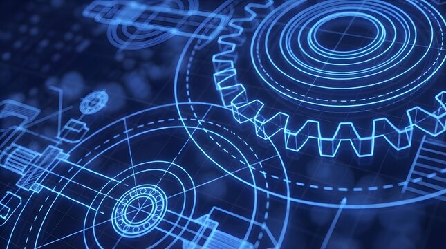 Futuristic Blueprint of Mechanical Gears in Glowing Blue on Dark Background
