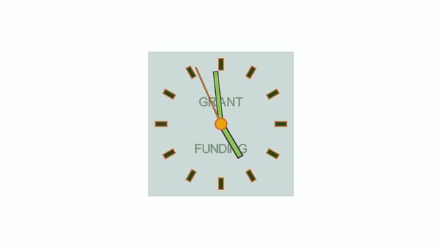 A close-up of a clock face with the words GRANT FUNDING. The hands move, showing the passage of time for funding opportunities