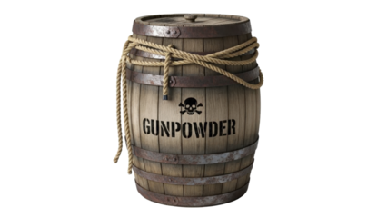 Wooden barrel with gunpowder label and rope isolated on transparent background