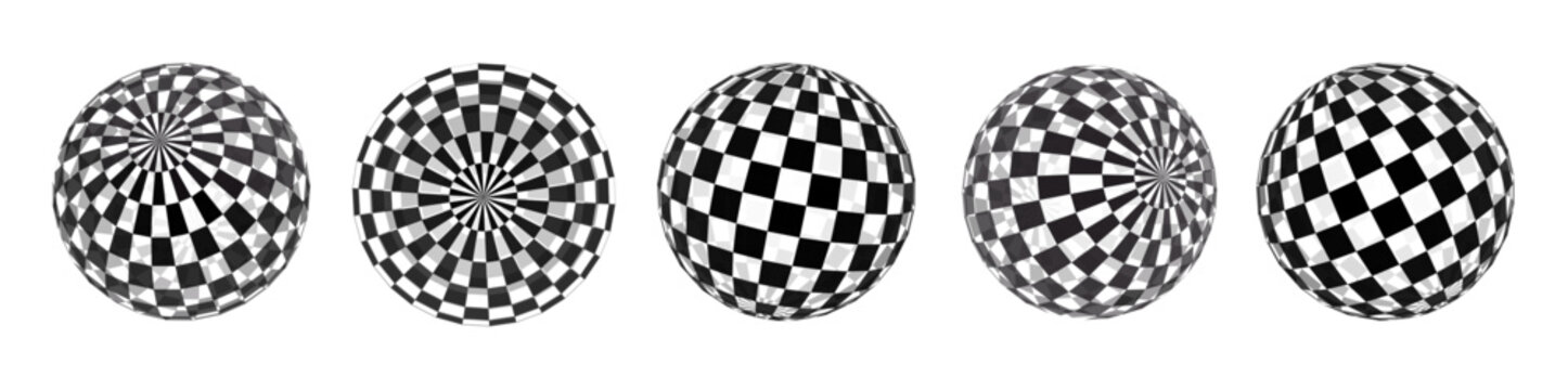 Sphere ball checked pattern with a chess square and checkered 3D globe for a white cover or black orb. Vector abstract check in a spherical perspective through a round background.