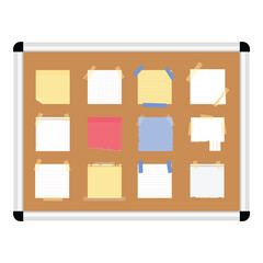 Blank paper notes, sticky memos, notepad sheets pinned to cork bulletin board with plastic frame