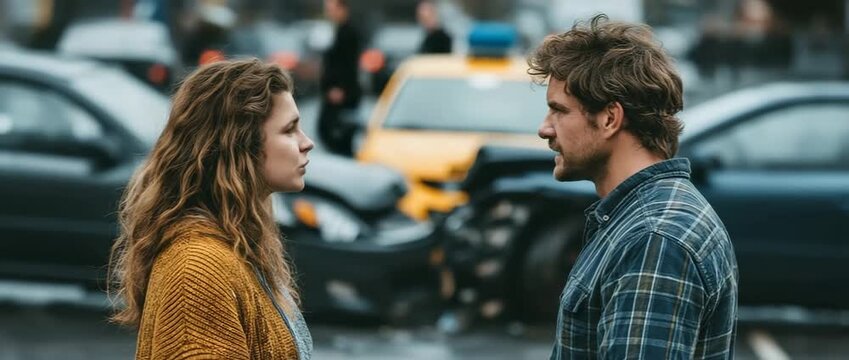 After the vehicle collision, a man and woman are seen bickering while standing together on the road with their cars in the backdrop.