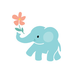 Cute cartoon elephant with flower, isolated on white background. Elephant Safari Animal. Vector illustration