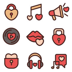 Music in Love Icon Set. Flat-style icons on the theme of love and music.