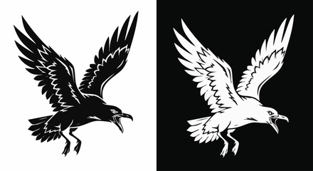 Obraz premium Two stylized illustrations of a flying bird, one black on white and one white on black, depicting a dynamic seagull with open beak and spread wings.