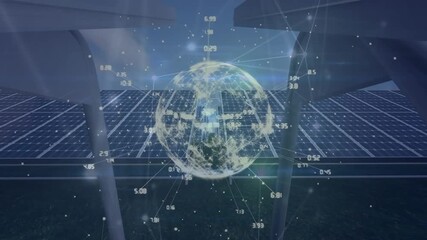Animation of globe with network of connections over solar panels - Powered by Adobe