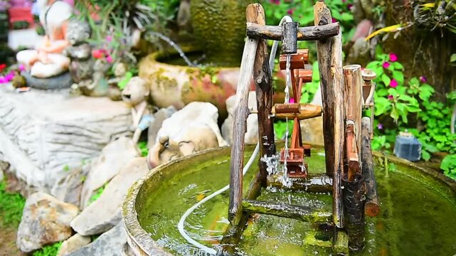 Small Wooden Water Turbine in Garden Pond