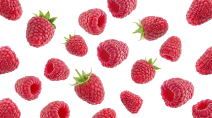 Sierkussen Restaurant vibrant fresh raspberries scattered on a stark transparent background, isolated for a clean and visually appealing product presentation.  © Christine
