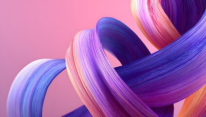Close up view of layered purple and blue flowing strands creating volumetric abstract shape against subtle pink canvas background