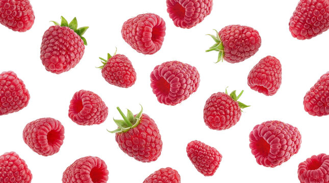vibrant fresh raspberries scattered on a stark transparent background, isolated for a clean and visually appealing product presentation.