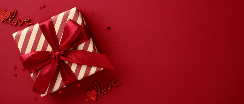 Happy Valentine's Day concept. Wide banner for Valentine's Day with a single gift box and copy space.