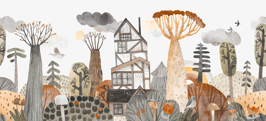 Obraz premium Watercolor forest landscape. Watercolor illustration for a child's room. Cute watercolor house in nature. Wall art.