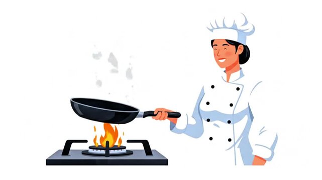 Video, 2D, illustration, animation of a chef cooking with a white background, culinary, food 