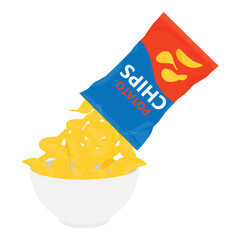 Potato chips package and plate of chips, isolated on white background. Chips bag with falling potato chips in bowl filled with pile of crisps