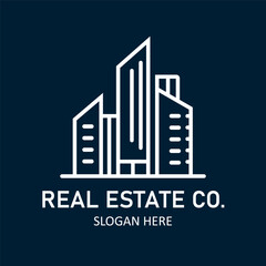 Fototapeta premium Modern Line Art Real Estate Company Logo with City Buildings Icon