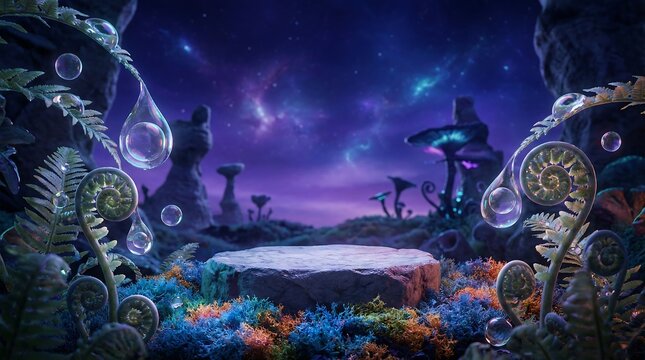 Stone podium at Magical alien planet, Fantasy landscape with stone stage, Cosmic forest product background