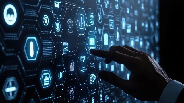 A person's hand in a suit sleeve pointing at a holographic digital interface with icons and symbols glowing blue on a dark background, suggesting advanced technology or futuristic interaction.