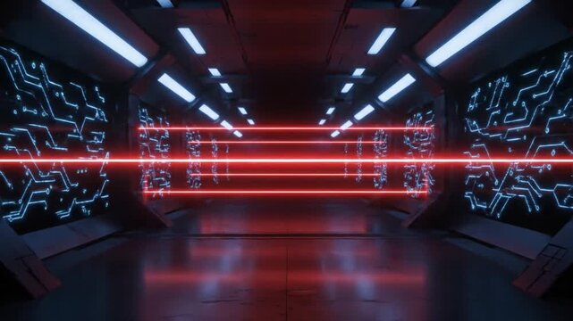 Anime style neon lit futuristic corridor with red laser beams and blue circuit patterns
