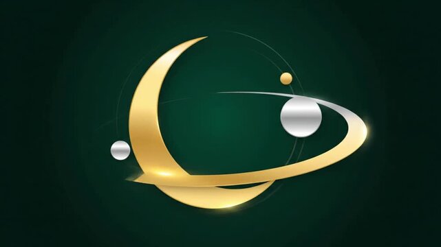 A sleek, modern logo featuring a golden crescent and an elliptical orbit with silver and gold spheres on a dark green background.