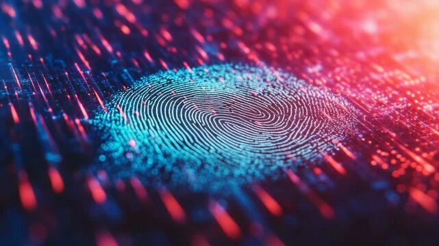 A close-up of a fingerprint on a vibrant digital background, symbolizing the concept of secure identity verification and cyber security.