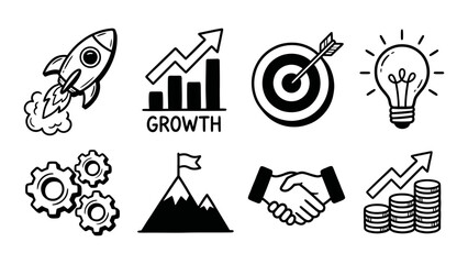 Hand drawn vector doodle set of business icons. Illustrations of rocket launch, growth chart, target goal, light bulb idea, handshake, gears, and financial profit. Outline sketch for startup strategy.