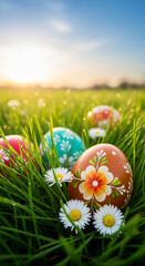 Fototapeta premium Painted egg laying on green grass with white flower, representing Easter spring celebration, freshness and new beginning, perfect for religious concepts
