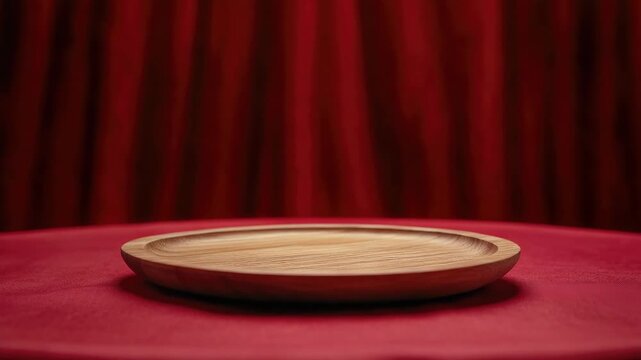 An intriguing wooden object with a smooth finish sits atop a vibrant red surface, casting an ambiguous silhouette that sparks curiosity and invites imagination.