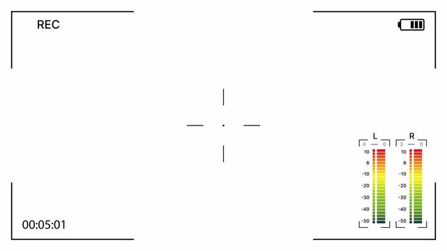 Camcorder recording screen overlay on white background with audio level meter, record, battery, timecode and crosshair. Alpha channel. 4K Video
