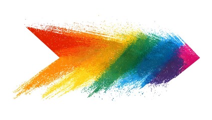 Abstract pointer shape made of vibrant paint splashes in rainbow colors red orange yellow green blue and purple against white background