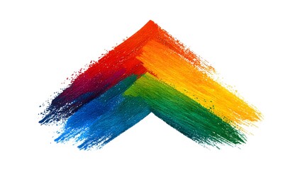 Upward pointing chevron shape formed by brush strokes in spectrum of colors red orange yellow green blue and purple on white