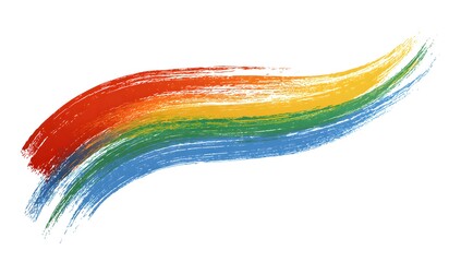 Dynamic wavy paint stroke with horizontal brush marks displaying gradient of colors from intense red and orange to vivid green and blue isolated on white