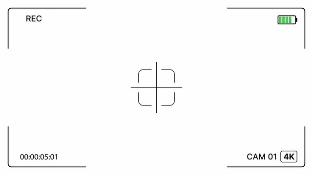 Camera viewfinder overlay on white background with crosshair, focus guides, timer, battery indicator, capture status. Alpha channel. 4K Video