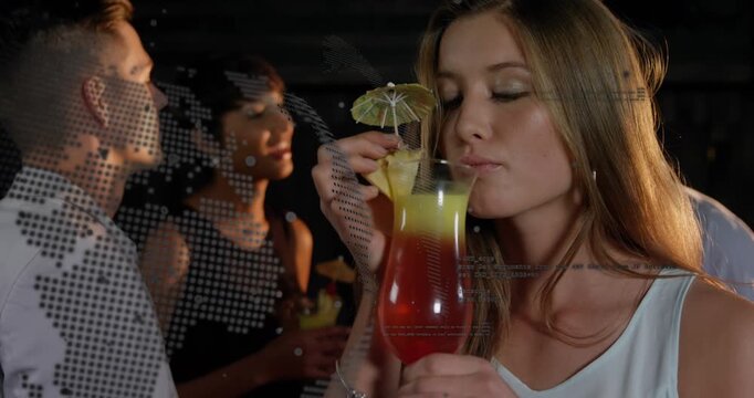 Animation of data processing and spinning globe over caucasian woman enjoying her drink at a bar