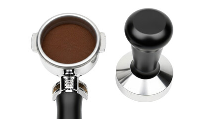 Espresso portafilter and tamper on transparent background for coffee