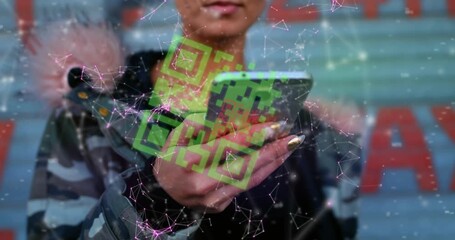 Animation of qr code and connected dots over caucasian hipster woman using smartphone on street - Powered by Adobe