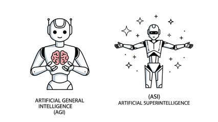 Obraz premium Robot Illustrations Comparing Artificial General Intelligence and Artificial Superintelligence in Simple Line Art Style with Black and White Color Scheme for Technology
