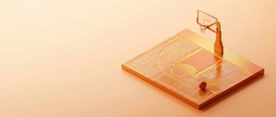 3D Rendered Golden Basketball Court, Isometric Sport Platform, Wood Texture, Luxury Design, Hoop And Ball, Championship Competition, Winner Concept, Copy Space