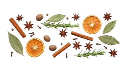 A vibrant arrangement of dried orange slices and spices isolated on transparent background